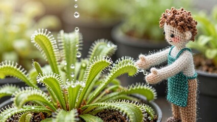 Knitted Doll Watering Venus Flytrap Plant