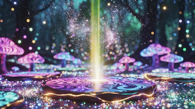 Magical glowing mushroom forest with light beam and fairy lights