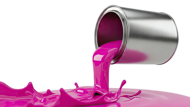 Pink paint pouring from a metal can creating splashes