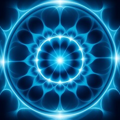 Stunning glowing blue mandala pattern radiating energy and light, perfect for spiritual designs or futuristic technology backgrounds, creating a sense of peace