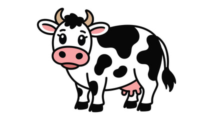 Fototapeta premium Cartoon Cow: A charming cartoon cow with a friendly expression. Its black spots on a white body, pink snout, and gentle eyes are inviting.