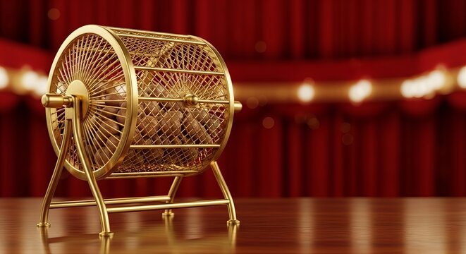 Golden drum for drawing balls in a traditional Spanish Christmas lottery concept with elegant red stage curtains and warm lights