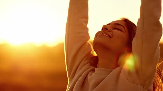 Young woman enjoying sunset outdoors with arms raised in joy and freedom