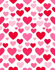 Repeating pattern of red and pink hearts of various sizes on a white background, creating a festive, romantic design
