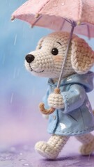 Obraz premium 雨の日に小さな傘を持って歩くニット犬