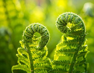 Two unfurling fern fronds in a lush green forest.
