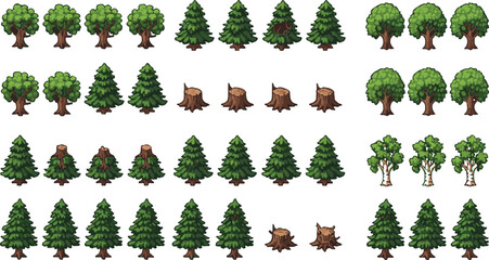 A versatile collection of pixel art trees and stumps for game development and digital landscapes © Pavell
