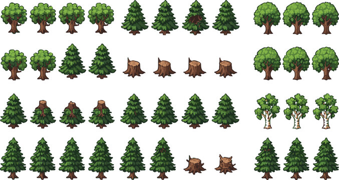 A versatile collection of pixel art trees and stumps for game development and digital landscapes