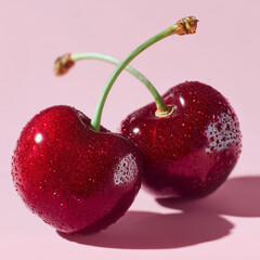 Fresh red cherries with stems isolated on soft pink background studio