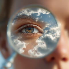 Surreal eye portrait with double exposure clouds and sky reflection concept