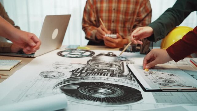 A group of engineers collaborates on mechanical designs in an office. They discuss blueprints and use tools, showcasing teamwork and innovation in engineering projects. SACTR