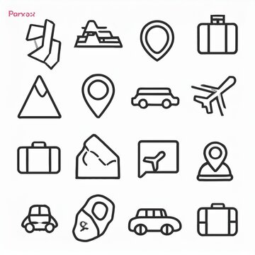 Travel and tourism line icon set featuring airplane, mountains, location pin, luggage, camera, car and globe symbols isolated on white background