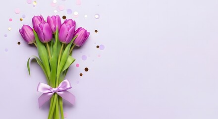 Obraz premium A bouquet of purple tulips with a ribbon on a light purple background