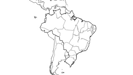 Fototapeta premium Detailed map of South America features the outlines of all countries and borders in a clean black and white vector drawing for reference.