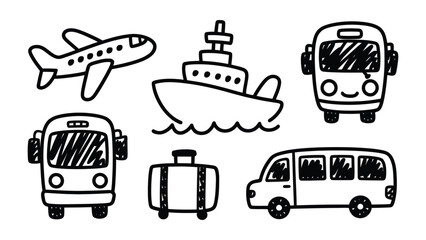 Transportation doodles: Hand-drawn illustrations depict the essence of travel and transportation, featuring key modes such as airplanes, ships, buses, and cars. © Abdul