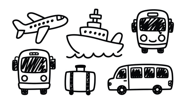 Transportation doodles: Hand-drawn illustrations depict the essence of travel and transportation, featuring key modes such as airplanes, ships, buses, and cars.