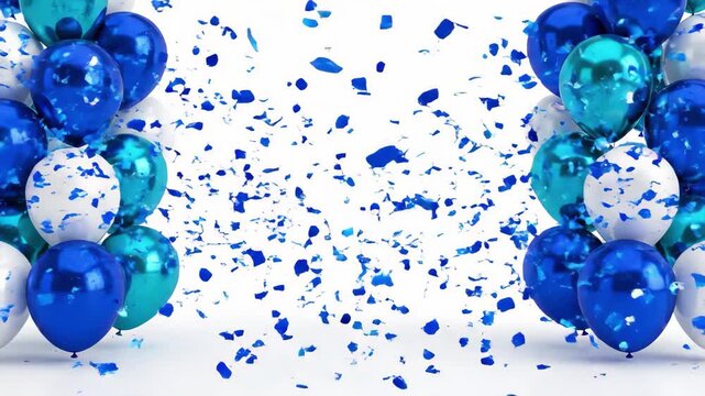 Blue and white chrome balloons with falling confetti border