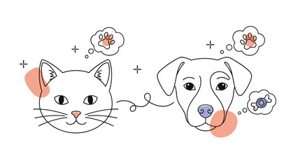 Obraz premium Line art silhouettes of a cat and a dog are connected by a whimsical line with thought bubbles containing paw prints and pet treats.