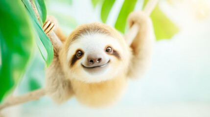 Obraz premium Sloth baby, a wild animal, hanging upside down, slowly moving through a tropical forest habitat, with a happy expression
