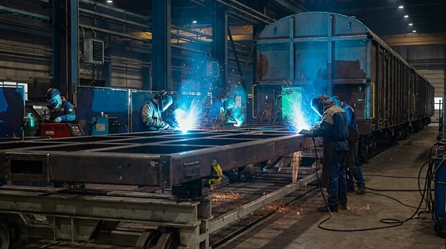 Industrial manufacturing factory workers welding train car frames with sparks flying welding process, metal.