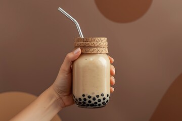 Generative AI Creative Bubble Tea in a Mason Jar with Straw