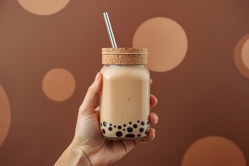 Generative AI Delicious Bubble Tea in Mason Jar with Straw for Refreshment