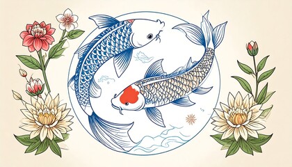 Elegant Koi Fish Yin Yang Symbol with Floral Accents.