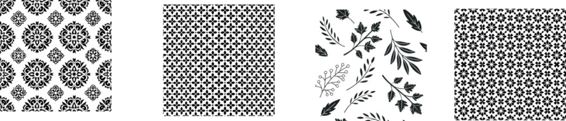 Set of black and white decorative patterns featuring floral motifs and geometric seamless textures for textile and background design