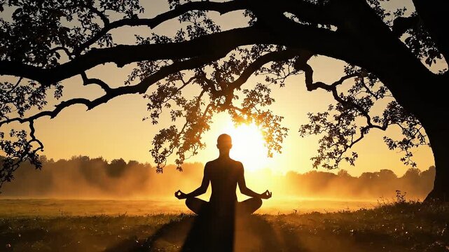 Silhouette of woman meditating under ancient tree at sunrise. Serene yoga pose in misty field evolving through peaceful frames. Spiritual enlightenment and inner calm concept for Mahavir Jayanti