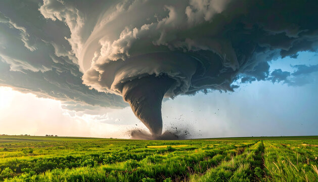 Tornado touches down in a vast green field under a massive stormy cloud formation