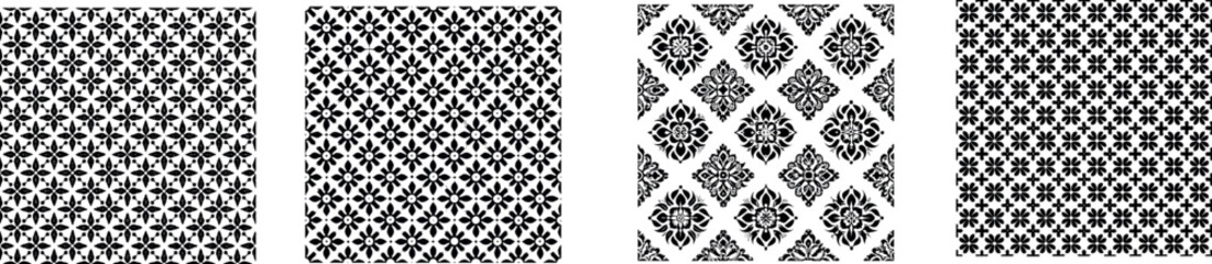 Set of black and white decorative patterns featuring floral motifs and geometric seamless textures for textile and background design