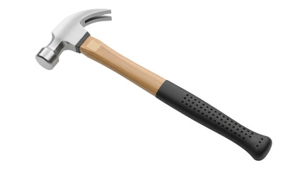 Shiny Steel Claw Hammer with Wooden and Rubber Handle on White Background