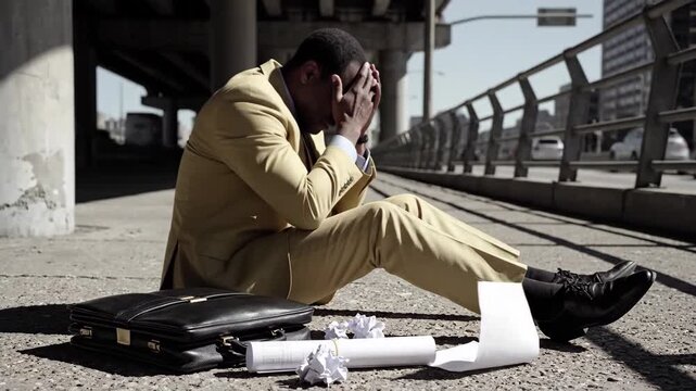 Disappointed businessman sitting on city sidewalk with briefcase and crumpled papers