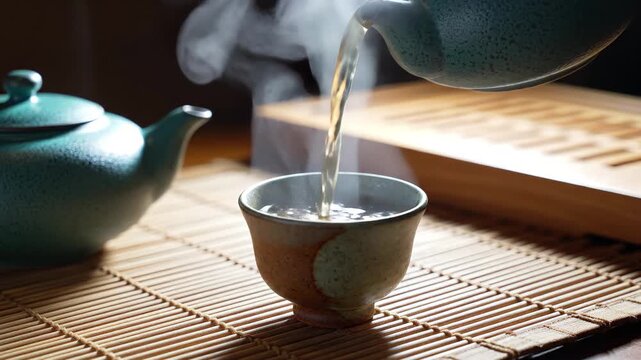 Pouring hot tea from a turquoise ceramic teapot into a rustic cup over a bamboo mat