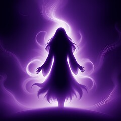 Mystical silhouette with flowing hair casting a vibrant purple glow, perfect for fantasy book covers, spiritual websites, or magical brand campaigns