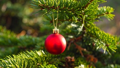 Red Christmas Ornament Hanging on a Green Pine Tree Branch.
