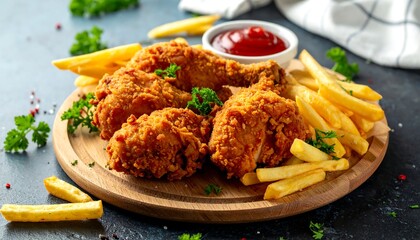 Crispy Fried Chicken and Golden French Fries on Wooden Plate.