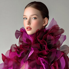 Elegant beauty portrait with dramatic purple floral collar studio fashion