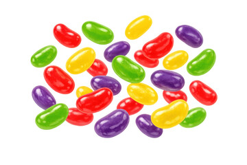 Colorful jelly beans falling and scattering, sweet candy treat, various flavors, vibrant snack on transparent background