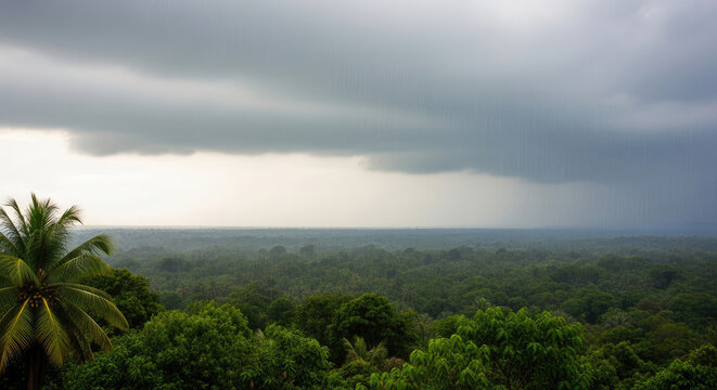 A dense forest with a stormy sky and a palm tree in the foreground, indicating an impending rainstorm in a tropical region.