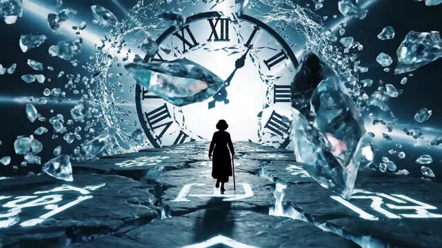 Silhouette of a figure walking towards a shattering clock face amidst ice shards and glowing runes on a cracked path