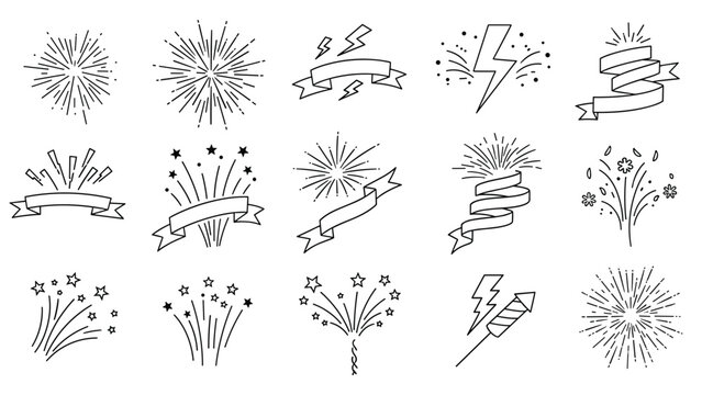 Set of celebratory line art elements including festive fireworks, swirling ribbons, bright lightning bolts, and small stars.