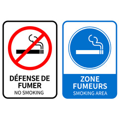 Smoking is prohibited in this area.There is a designated smoking area.Frenchand English Blue and white background1