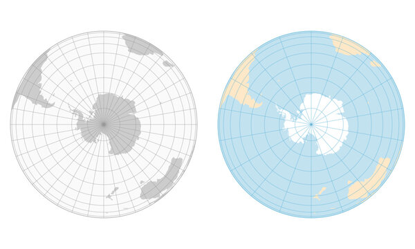 Set of South Pole maps showing Antarctica in polar projection, featuring clean grid lines in both gray monochrome and soft color styles.