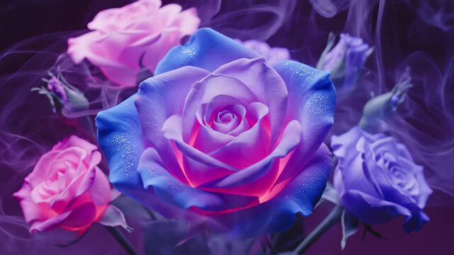 Mystical blue and pink roses with ethereal smoke