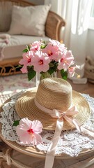 Woven Straw Hat with Ribbon and Hibiscus Bouquet on Lace Coffee Table