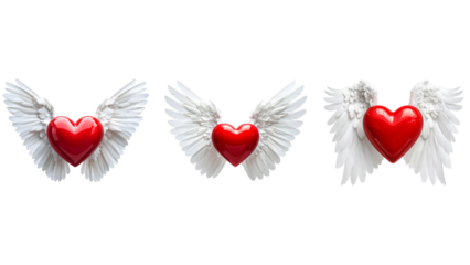 Red Heart with Angelic Wings, Flying Forward, Isolated on Transparent Background