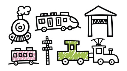 Doodle Transportation Elements: Hand-drawn illustrations showcase a playful ensemble of train-related elements, evoking a sense of joy and imagination.