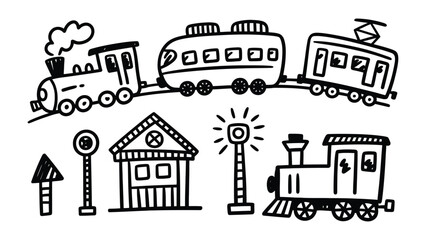 Fototapeta premium Train travel illustrations: A collection of hand-drawn illustrations depicting various elements of train travel, including locomotives, carriages, a train station, and signaling equipment.