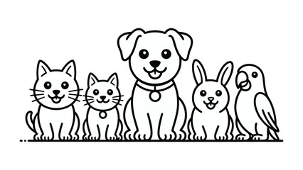 Naklejka premium Adorable Pet Lineup: A charming collection of pets, each radiating joy and warmth, come together in a heartwarming illustration. Depicting a cat, dog, rabbit.